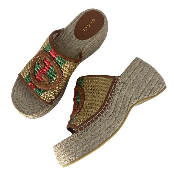 Gucci Adela Leather Trimmed Raffia Wedge Espadrilles - Picture 7 of 16